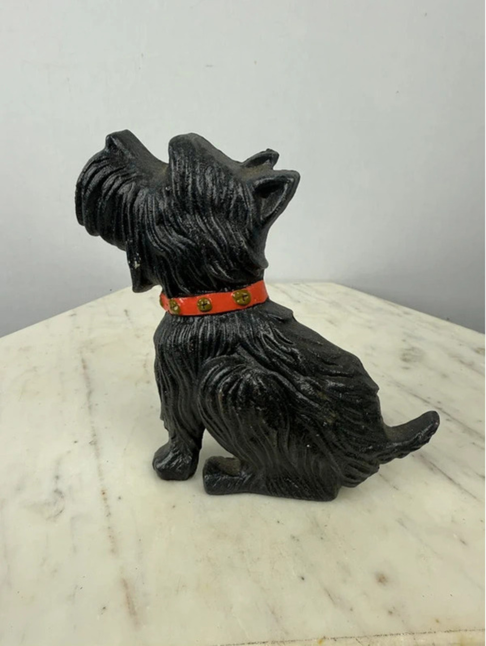 Vintage Cast Iron Scottie Dog Doorstop Black Scottish Terrier Red Collar